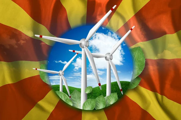 Energía libre, molinos de viento en el contexto de la naturaleza y la bandera de Macedonia. El concepto de energía limpia, fuentes de energía renovables, electricidad gratuita, medios mixtos . —  Fotos de Stock