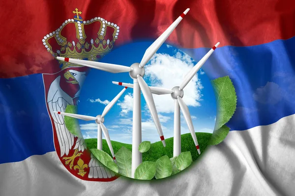 Free energy, windmills against the background of nature and the flag of Serbia. The concept of clean energy, renewable energy sources, free electricity, Mixed media.