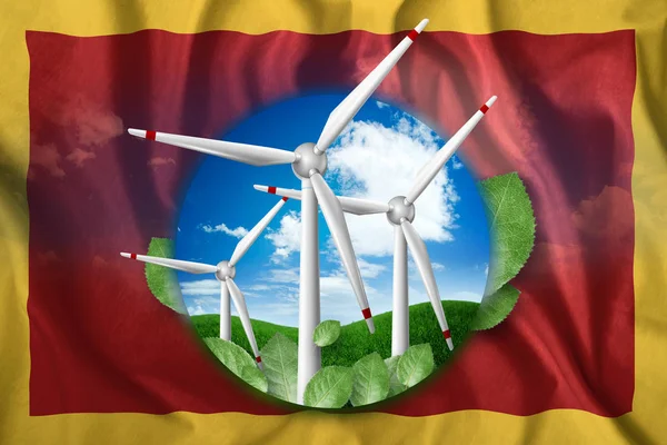 Fri energi, väderkvarnar mot bakgrund av naturen och flaggan för Montenegro. Begreppet av ren energi, förnybar energi, gratis el, blandteknik. — Stockfoto