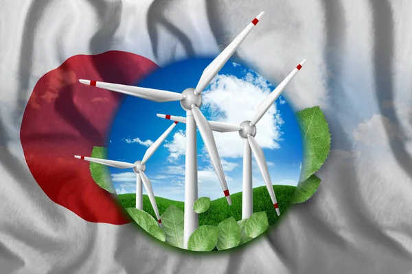 Free energy, windmills against the background of nature and the flag of Japan. The concept of clean energy, renewable energy sources, free electricity, Mixed media.