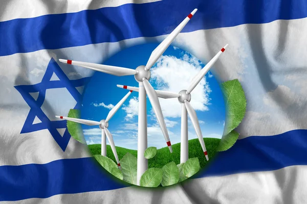 Free energy, windmills against the background of nature and the flag of Israel. The concept of clean energy, renewable energy sources, free electricity, Mixed media.