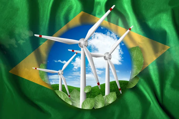 Free energy, windmills against the background of nature and the flag of Brazil. The concept of clean energy, renewable energy sources, free electricity, Mixed media.