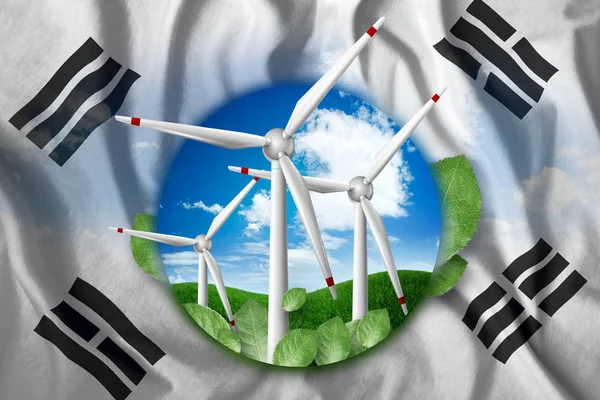 Free energy, windmills against the background of nature and the flag of South Korea. The concept of clean energy, renewable energy sources, free electricity, Mixed media.