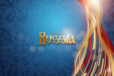 Yazıt Rusya, şık illüstrasyon, futbol arka plan için hoş geldiniz. Mavi duvar kağıdı. Eğilim arka plan 2018. Davetiyeler, hediyeler, broşürler, broşürler.