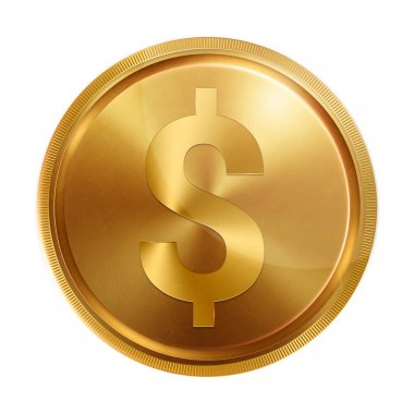Görüntü üzerinde beyaz bir arka plan, ayrı tut moduyla bir bankacılık dolar işareti olan bir madalyonun. Dolar dolar sembolü. Para birimleri, Resimler, 3d sembolleri. İş.