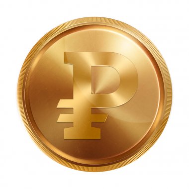 Bir madeni para ile bir banka Rublesi görüntüsünü beyaz bir arka plan üzerinde giriş, izole. Ruble banka sembolüdür. Para birimleri, Resimler, 3d sembolleri. İş.