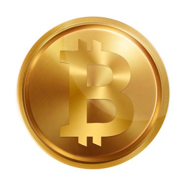 Madeni para banknot bitcoin beyaz arka planda, ayrı tutma ile görüntü. Banco sembol bitcoin. Para birimleri, Resimler, 3d sembolleri. İş.