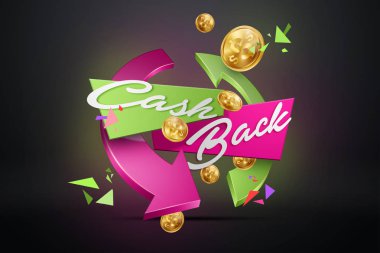 The inscription Cash Back, an image of the emblem and gold coins on a dark background. Business concept, money back, finances, customer focus. Black, pink, gold color. Illustration, 3d. clipart