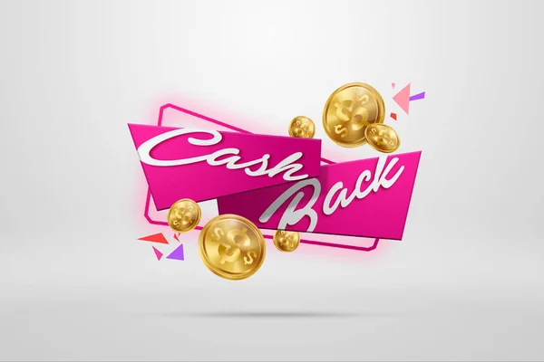 Inskriften Cash Back, en bild av emblem och guld mynt på en ljus bakgrund. Affärsidé, pengar tillbaka, finanser, kundfokus. Vit, rosa, guld färg. Illustration, 3d. — Stockfoto