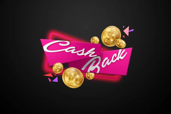 La inscripción Cash Back, una imagen del emblema y las monedas de oro sobre un fondo oscuro. Concepto de negocio, devolución de dinero, finanzas, atención al cliente. Color negro, rosa, dorado. Ilustración, 3d . — Foto de Stock