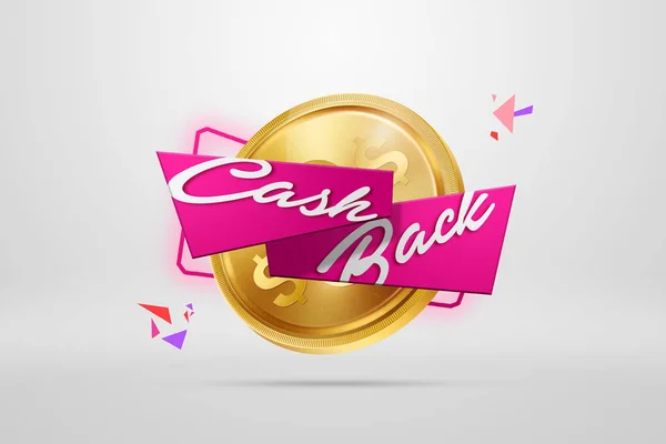 The inscription Cash Back, an image of the emblem and gold coins on a light background. Business concept, money back, finances, customer focus. White, pink, gold color. Illustration, 3d.