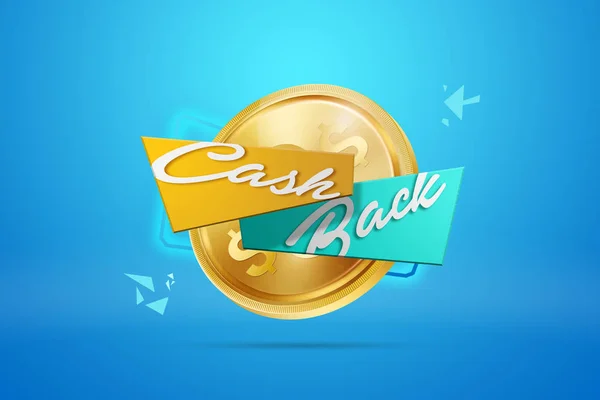 The inscription Cash Back, an image of the emblem and gold coins on a blue background. Business concept, money back, finances, customer focus. White, blue, gold color. Illustration, 3d.