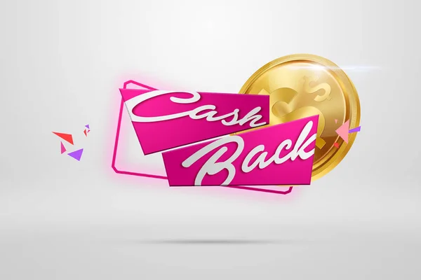 Inskriften Cash Back, en bild av emblem och guld mynt på en ljus bakgrund. Affärsidé, pengar tillbaka, finanser, kundfokus. Vit, rosa, guld färg. Illustration, 3d. — Stockfoto