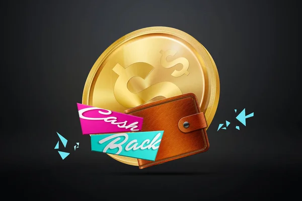 Die Inschrift cash back, ein Abbild des Emblems und Goldmünzen auf dunklem Hintergrund. Geschäftskonzept, Geld zurück, Finanzen, Kundenorientierung. schwarz, rosa, goldene Farbe. Illustration, 3d. — Stockfoto