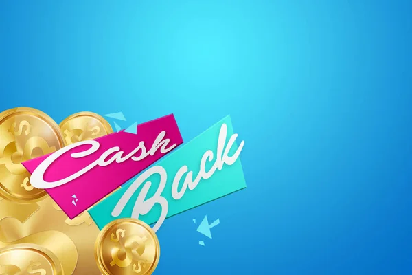 Cash Back, egy képet a jelképet és arany érmék és egy kék háttér a felirat. Üzleti koncepció, pénzt vissza, pénzügyek, vevőközpontúság. Fehér, rózsaszín, arany színű. Illusztráció, 3d. — Stock Fotó