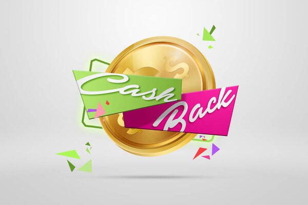 The inscription Cash Back, an image of the emblem and gold coins on a light background. Business concept, money back, finances, customer focus. White, pink, gold color. Illustration, 3d.