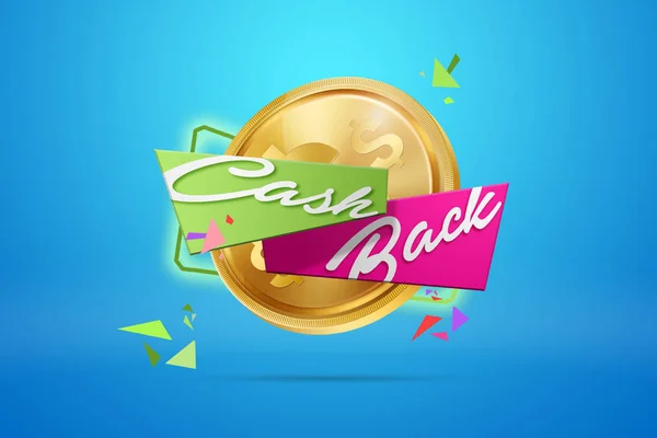 A inscrição Cash Back, uma imagem do emblema e moedas de ouro em um fundo azul. Conceito de negócio, dinheiro de volta, finanças, foco no cliente. Branco, rosa, cor dourada. Ilustração, 3d . — Fotografia de Stock