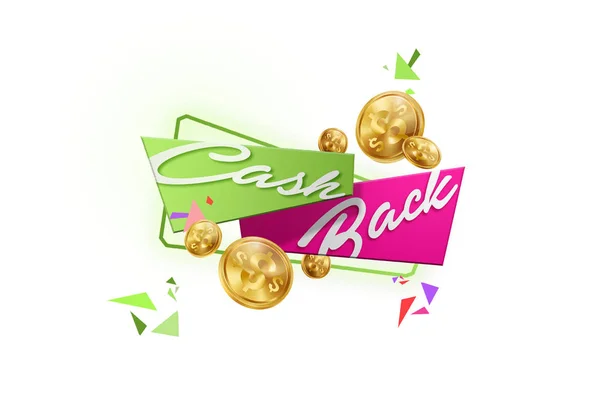 Inscription Cash Back, emblem image and gold coins on white background, isolate. Business concept, money back, finances, customer focus. White, pink, gold color. Illustration, 3d.