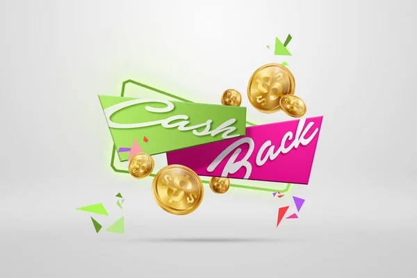 Inskriften Cash Back, en bild av emblem och guld mynt på en ljus bakgrund. Affärsidé, pengar tillbaka, finanser, kundfokus. Vit, rosa, guld färg. Illustration, 3d. — Stockfoto