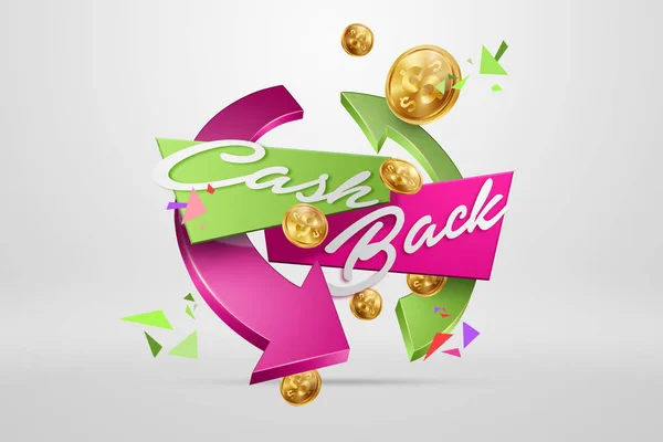 Inskriften Cash Back, en bild av emblem och guld mynt på en ljus bakgrund. Affärsidé, pengar tillbaka, finanser, kundfokus. Vit, rosa, guld färg. Illustration, 3d. — Stockfoto