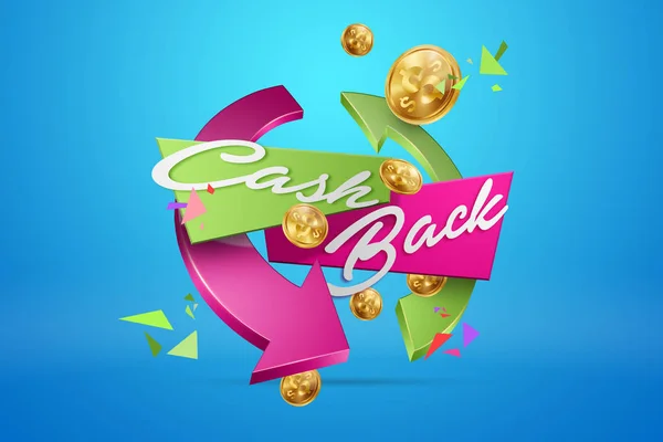 Inskriften Cash Back, en bild av emblem och guld mynt på en blå bakgrund. Affärsidé, pengar tillbaka, finanser, kundfokus. Vit, rosa, guld färg. Illustration, 3d. — Stockfoto