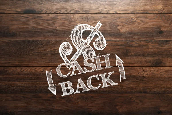 Inscrição Cash Back, uma imagem do emblema em um fundo de madeira. Ícone, um símbolo de dinheiro de volta. O conceito de negócio, finanças . — Fotografia de Stock