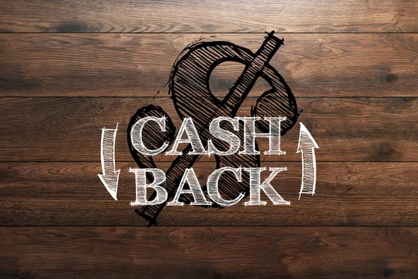 Inscrição Cash Back, uma imagem do emblema em um fundo de madeira. Ícone, um símbolo de dinheiro de volta. O conceito de negócio, finanças . — Fotografia de Stock