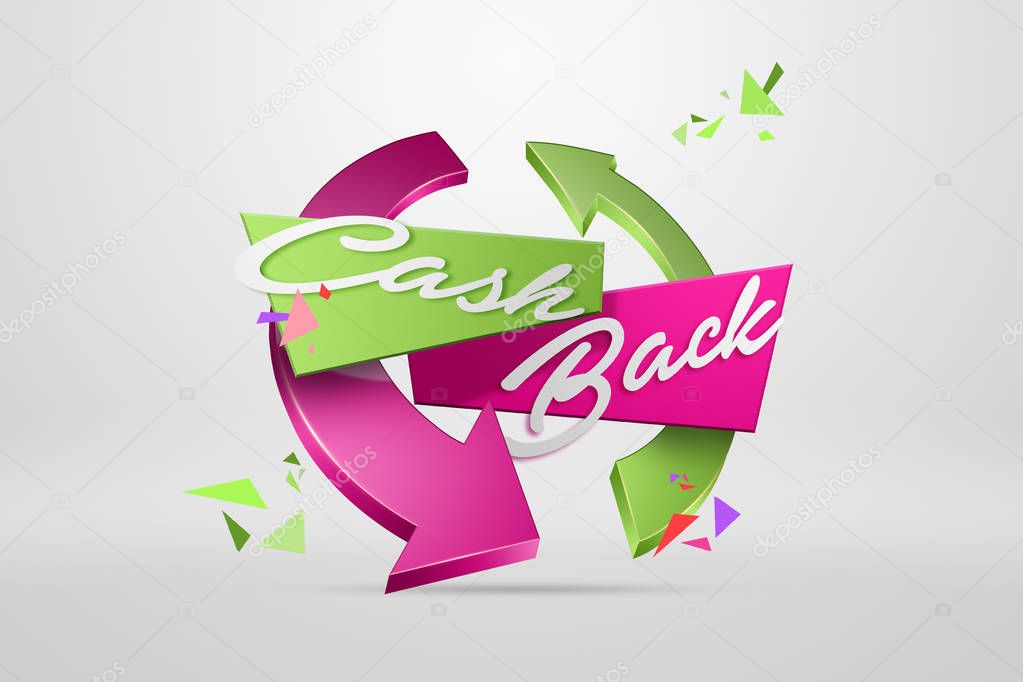 The inscription Cash Back, the emblem image on a light background. Icon, A symbol of cash back. The concept of business, finance. White, pink color. Illustration, 3d.