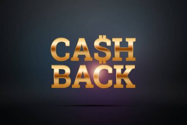 Yazıt Cash Back, karanlık bir arka plan resmine amblemi. İş kavramı, para iadesi, mali, müşteri odaklılık. Beyaz, altın rengi. İllüstrasyon, 3d.