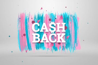 Yazıt Cash Back, amblem görüntü beyaz arka plan üzerinde. İş kavramı, para iadesi, mali, müşteri odaklılık. Beyaz, pembe, mavi renk. İllüstrasyon, 3d.