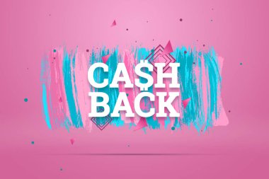 Yazıt Cash Back, pembe bir arka plan resmine amblemi. İş kavramı, para iadesi, mali, müşteri odaklılık. Beyaz, pembe, mavi renk. İllüstrasyon, 3d.