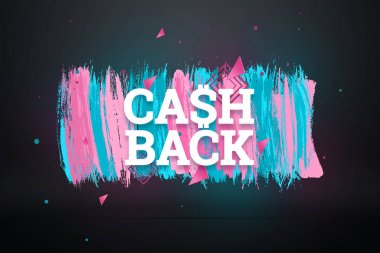 Yazıt Cash Back, amblem görüntü beyaz arka plan üzerinde. İş kavramı, para iadesi, mali, müşteri odaklılık. Beyaz, pembe, mavi renk. İllüstrasyon, 3d.