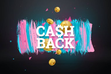 Yazıt Cash Back, amblem görüntü beyaz arka plan üzerinde. İş kavramı, para iadesi, mali, müşteri odaklılık. Beyaz, pembe, mavi renk. İllüstrasyon, 3d.