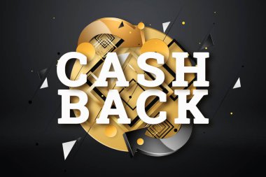 Yazıt Cash Back, karanlık bir arka plan resmine amblemi. İş kavramı, para iadesi, mali, müşteri odaklılık. Beyaz, altın rengi. İllüstrasyon, 3d.