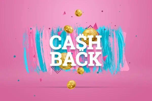 Inscription Cash Back, emblem image on pink background. Business concept, money back, finances, customer focus. White, pink, blue color. Illustration, 3d.