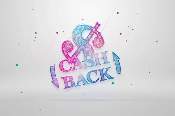 Inscription Cash Back, emblem image on white background. Business concept, money back, finances, customer focus. White, pink, blue color. Illustration, 3d. — Stock Photo, Image