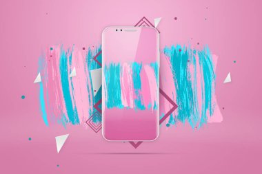 Resmi bir pembe bir smartphone olan gerçekçi illüstrasyon. Tasarım, smartphone, parlama. Bir düzen, tasarım, cep telefonu konsepti. 2018, eğilimdir mockup, kopya alanı.