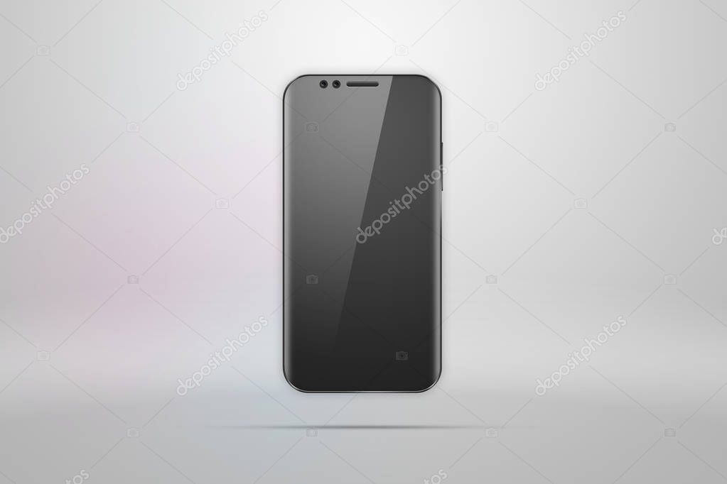 Realistic illustration with a picture of a smartphone on a light background. Design, smartphone, glare. The concept of a layout, design, mobile phone. trend is 2018, mockup, copy space.