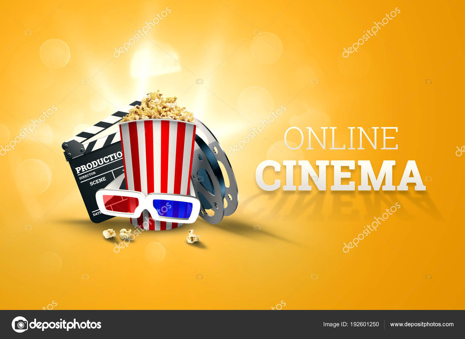オンライン映画 映画館 ポップコーン 3 D メガネ 映画フィルム 黄色の背景に黒板のイメージ インターネット 携帯電話映画 リアル イラスト 3 D 映画のコンセプト ストック写真 C Markoaliaksandr