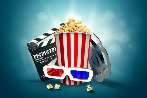 Online filmer, biografer, en bild av popcorn, 3d-glasögon, en film-film och en svart tavla på en blå bakgrund. Begreppet en biograf på Internet, en rörlig film, realistisk illustration, 3d. — Stockfoto