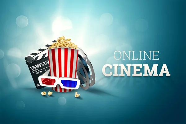 Online filmer, biografer, en bild av popcorn, 3d-glasögon, en film-film och en svart tavla på en blå bakgrund. Begreppet en biograf på Internet, en rörlig film, realistisk illustration, 3d. — Stockfoto