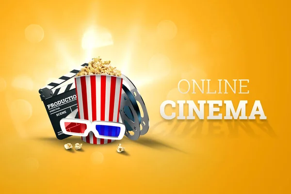 Online movies, cinemas, an image of popcorn, 3d glasses, a movie film and a blackboard on a yellow background. The concept of a cinema on the Internet, a mobile cinema, realistic illustration, 3d.