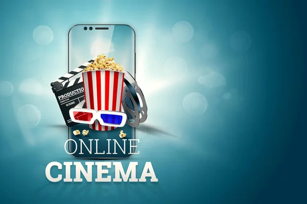 Online movies, cinemas, an image of popcorn, 3d glasses, a movie film and a blackboard on a blue background. The concept of a cinema on the Internet, a mobile cinema, realistic illustration, 3d.
