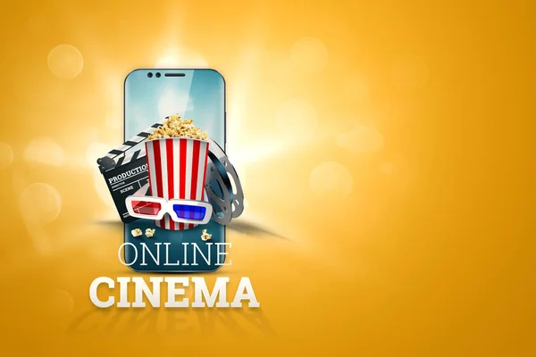 Online films, bioscopen, een afbeelding van popcorn, 3d bril, een film-film en een schoolbord op een gele achtergrond. Het concept van een bioscoop op het Internet, een mobiele bioscoop, realistische afbeelding 3d. — Stockfoto
