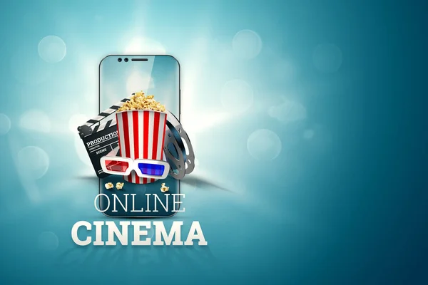 Online movies, cinemas, an image of popcorn, 3d glasses, a movie film and a blackboard on a blue background. The concept of a cinema on the Internet, a mobile cinema, realistic illustration, 3d.