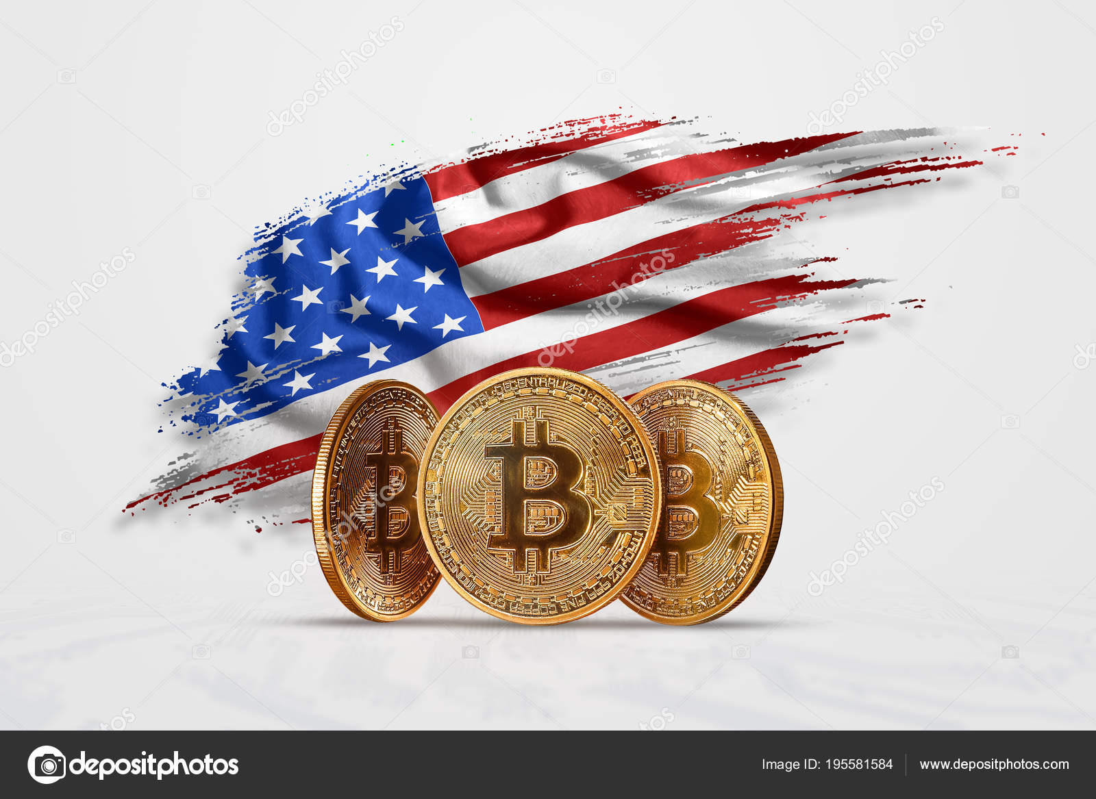 Crypto currency, gold coin BITCOIN BTC. Coin bitcoin against the background  of the flag of the