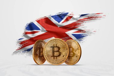 Kripto para birimi, altın sikke Bitcoin Btc. bozuk para bitcoin Büyük Britanya bayrağı arka planı. Kavramı yeni bir para, Blockchain teknoloji, bir belirteç. Karışık teknik