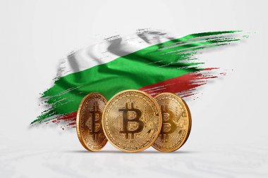 Kripto para birimi, altın sikke Bitcoin Btc. bozuk para bitcoin Bulgaristan bayrağı arka planı. Kavramı yeni bir para, Blockchain teknoloji, bir belirteç. Karışık teknik