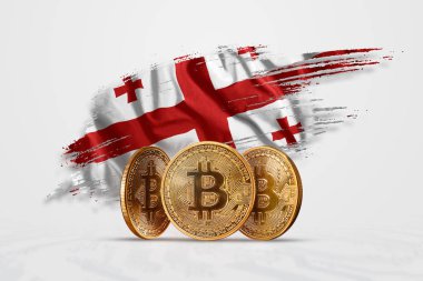 Kripto para birimi, altın sikke Bitcoin Btc. bozuk para bitcoin Georgia bayrağı arka planı. Kavramı yeni bir para, Blockchain teknoloji, bir belirteç. Karışık teknik