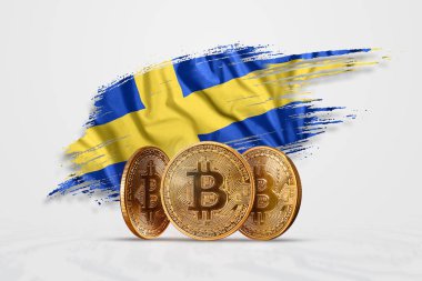 Kripto para birimi, İsveç bayrağı arka planı altın sikke Bitcoin Btc. bozuk para bitcoin. Kavramı yeni bir para, Blockchain teknoloji, bir belirteç. Karışık teknik